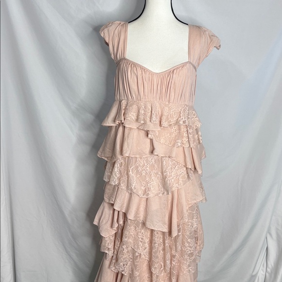 Anthropologie Square Neck Ruffled Lace Tiered High Low Dress - Picture 6 of 10